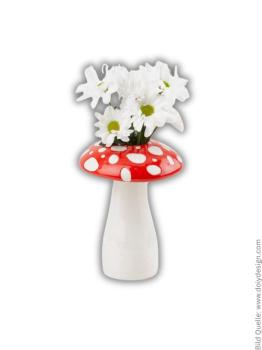 Preview: Detailansicht der glasierten Oberfläche der roten Fliegenpilz-Vase mit weißen Punkten.