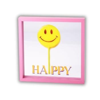 Love Frames Glasbild mit Schriftzug HAPPY in Rosa, 30x30 cm, quadratisch, MDF-Rahmen – Wanddekoration