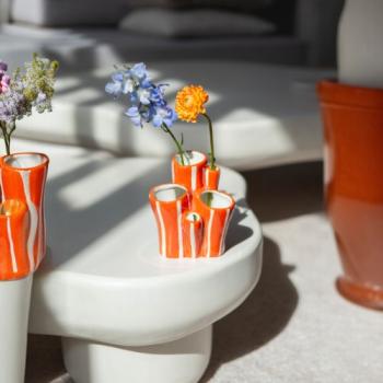 Preview: Keramikvase orange weiss gestreift im Korallendesign mit mehreren Öffnungen