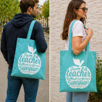 Preview: Lehrergeschenk Tragetasche in Türkis mit weißem Aufdruck, wiederverwendbar & nachhaltig