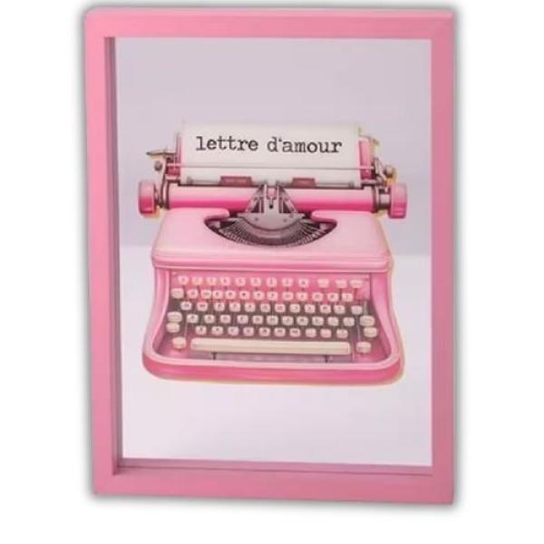 Love Frames Glasbild mit Schreibmaschinen-Motiv in Rosa, 35x26 cm, MDF-Rahmen – Vintage Wanddekoration