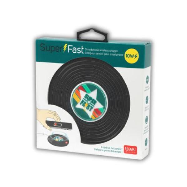 Kabellose Smartphone-Ladestation im schwarzen Schallplatten Moiv