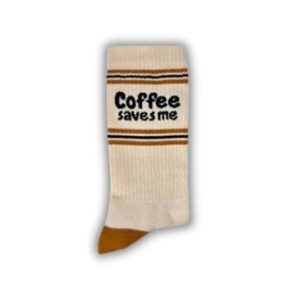 Weiße Pegada Sportsocken mit schwarzem Coffee-Schriftzug und Kaffeebohnen-Motiv.